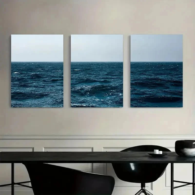 3pcs Vast Ocean with Dark Blue Sea Artwork Metal Print Ready to Hang Art
