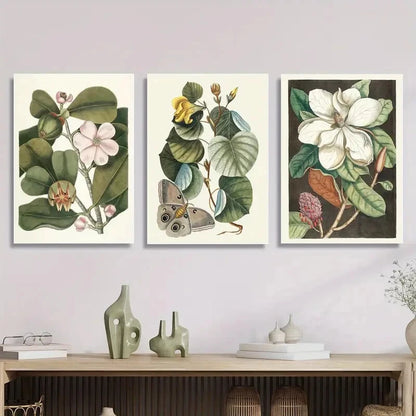 3pcs Vintage botanical magnolia flowers, Metal Print Ready to Hang Art