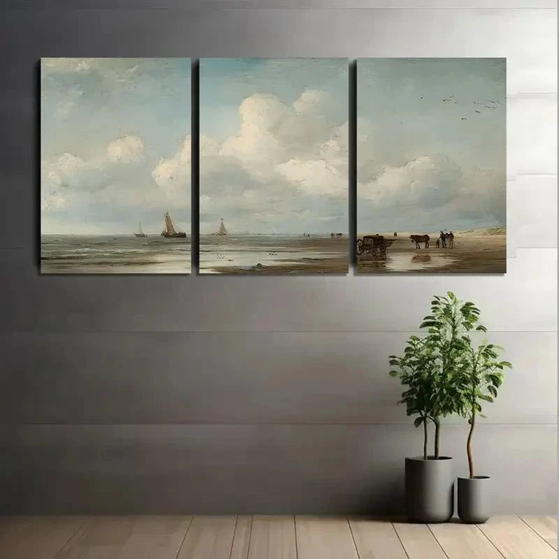 3pcs Dutch Coast with Fishing Boats Paintings Metal Print Ready to Hang Art