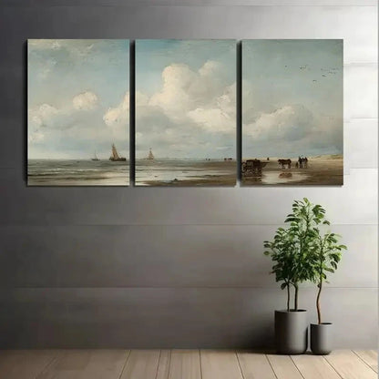 3pcs Dutch Coast with Fishing Boats Paintings Metal Print Ready to Hang Art