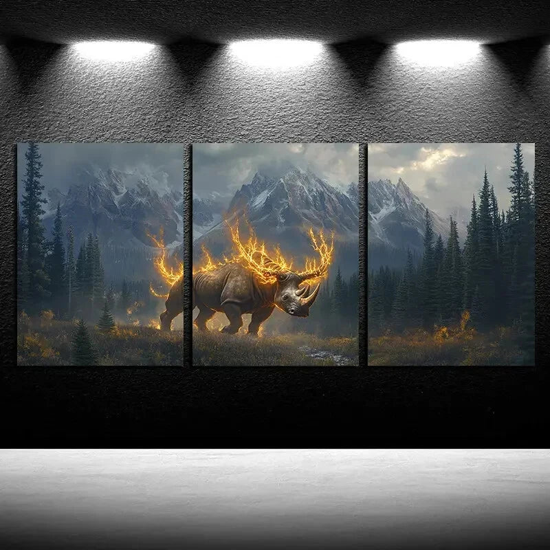 3pcs Savage Fire Rhinoceros Illustration Metal Print Ready to Hang Art