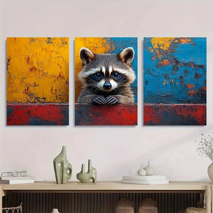 3pcs Colorful Abstract Vibrant Raccoon Metal Print Ready to Hang Art