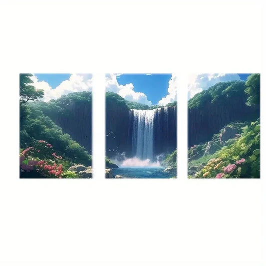 3pcs Serene Waterfall & Floral Landscape Metal Print Ready to Hang Art