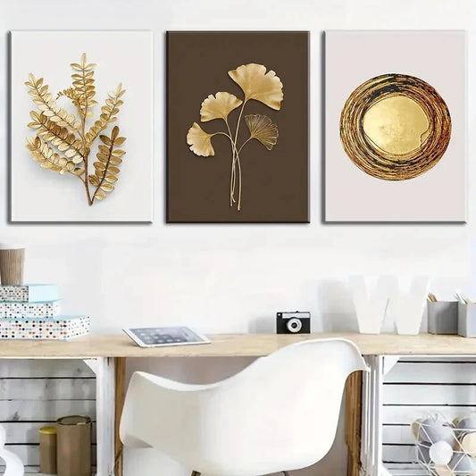 3pcs Modern Stylish Golden Leaf Perfect Wall Art Set Canvas Framed 40x60cm - High Quality Print 100% Australian Made Wall Canvas Ready to Hang