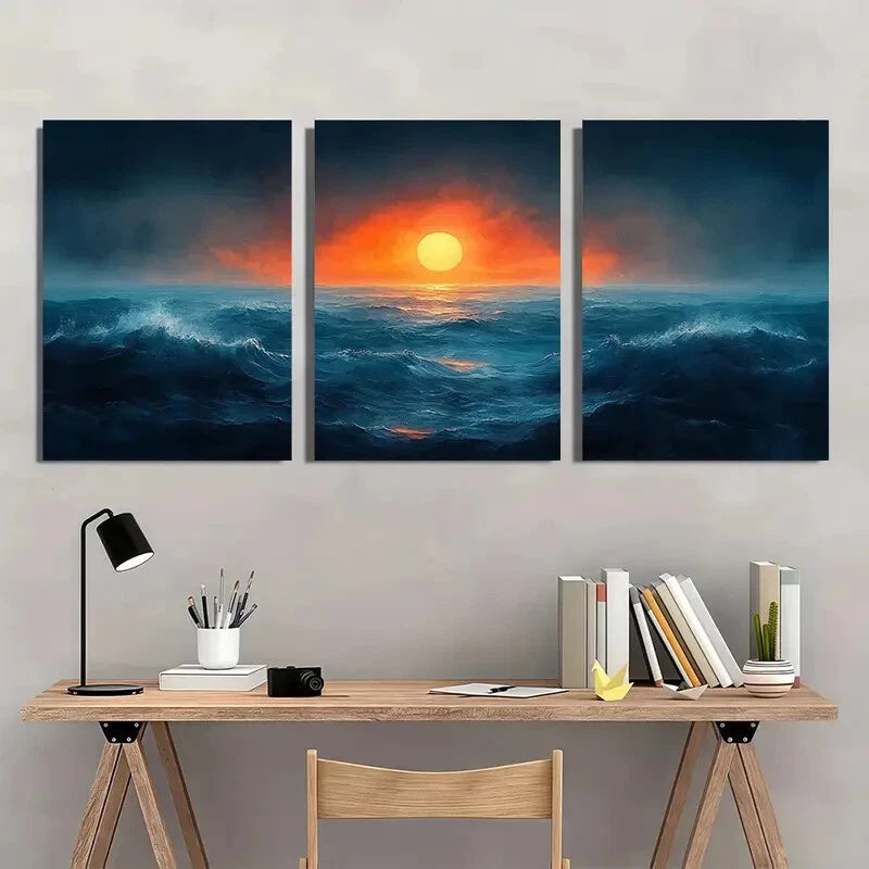 3pcs Abstract Ocean Sunrise Watercolor Sea Metal Print Ready to Hang Art