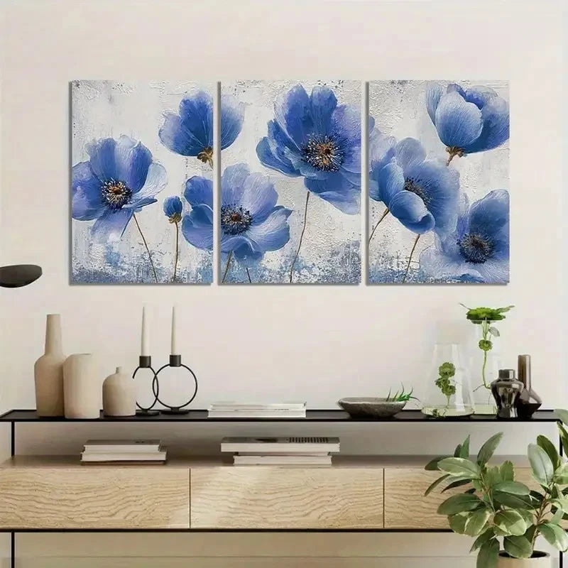 3pcs Blue Floral Design with Golden Accents Metal Print Ready to Hang Art