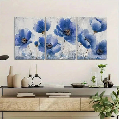 3pcs Blue Floral Design with Golden Accents Metal Print Ready to Hang Art