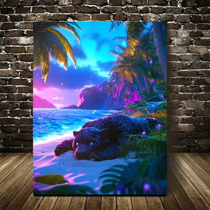 Panther Rolling on Grass & Sandy Beach Painting 40x60cm Metal Print Ready to Hang