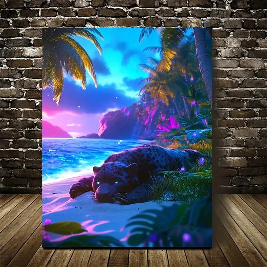 Panther Rolling on Grass & Sandy Beach Painting 40x60cm Metal Print Ready to Hang