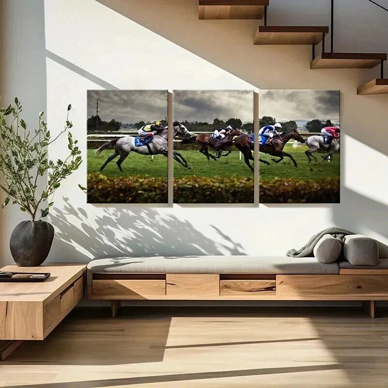 3pcs Vibrant Horsemanship Scene with Jockeys Wall Art Set Canvas Framed 40x60cm - High Quality Print 100% Australian Made Wall Canvas Ready to Hang