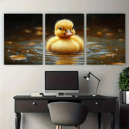 3pcs Vibrant Yellow Duckling Illustration Metal Print Ready to Hang Art