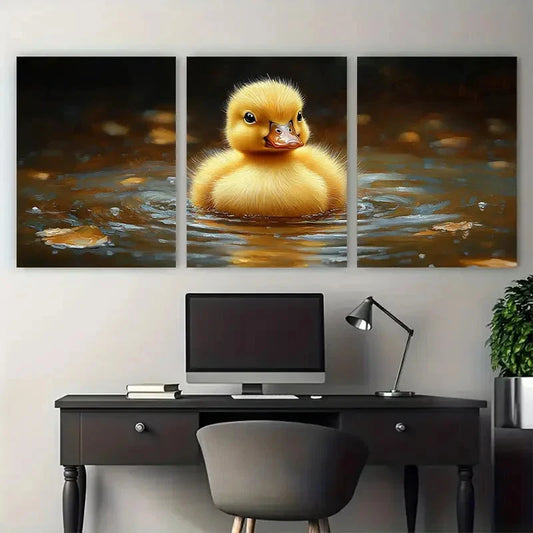 3pcs Vibrant Yellow Duckling Illustration Metal Print Ready to Hang Art