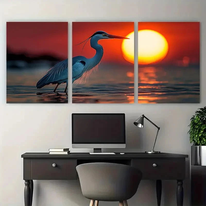 3pcs Heron in Water Sunset Illustration Wall Art Set Canvas Framed 40x60cm - High Quality Print 100% Australian Made Wall Canvas Ready to Hang