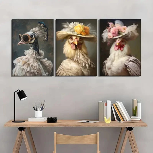 3pcs Noblewoman Peacock Chicken Royal Animal Metal Print Ready to Hang Art