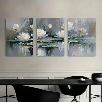 3pcs Abstract White for Lotus and Lily Pond Metal Print Ready to Hang Art