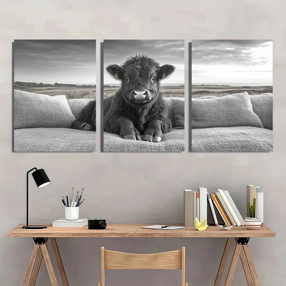 3pcs Cute Highland Cattle Black White Metal Print Ready to Hang Art