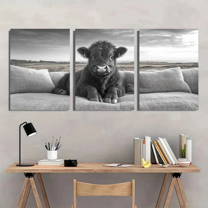 3pcs Cute Highland Cattle Black White Metal Print Ready to Hang Art