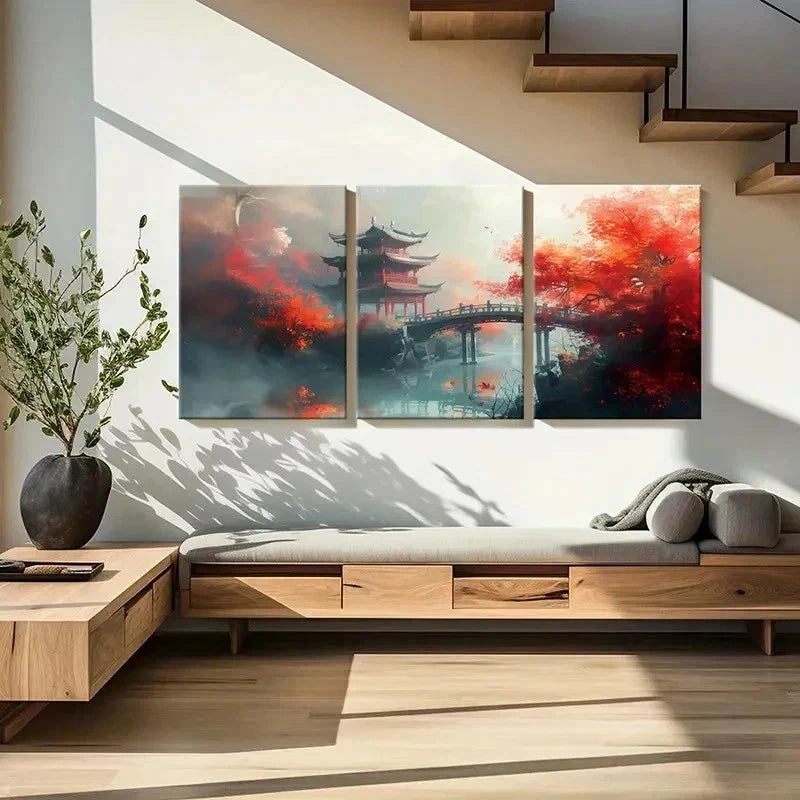 3pcs Chinese Ancient Style Painting Tower Bridge Wall Art Set Canvas Framed 40x60cm - High Quality Print 100% Australian Made Wall Canvas Ready to Hang