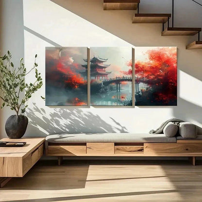 3pcs Chinese Ancient Style Painting Tower Bridge Wall Art Set Canvas Framed 40x60cm - High Quality Print 100% Australian Made Wall Canvas Ready to Hang