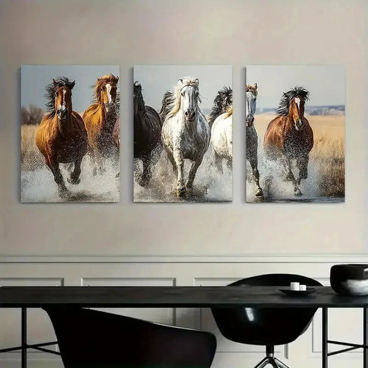 3pcs Group of Horses Galloping Across The Screen Metal Print Ready to Hang Art