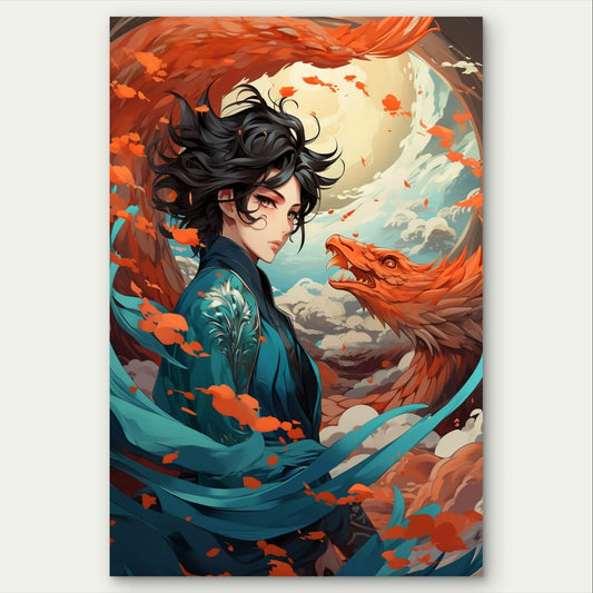 Anime Fantasy Character with a Red Dragon 40x60cm Metal Print Ready to Hang