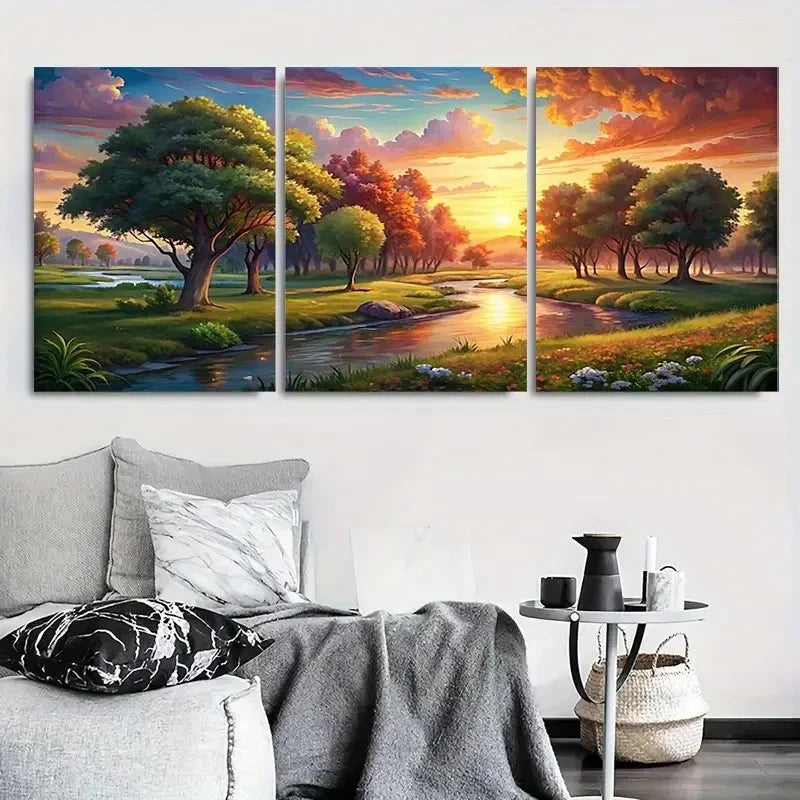 3pcs Sunlit River Forest Sunset Vibrant Meadow Metal Print Ready to Hang Art