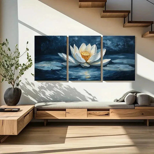 3pcs White Lotus Dark Water & Serene Reflection Wall Art Set Canvas Framed 40x60cm - High Quality Print 100% Australian Made Wall Canvas Ready to Hang