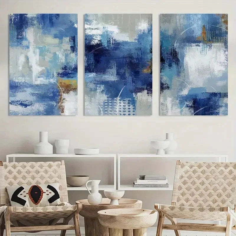 3pcs Abstract Painting Blue and White Wall Art Metal Print Ready to Hang Art