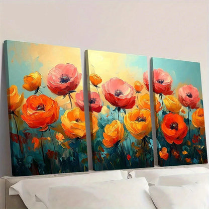 3pcs Vibrant Floral Abstract Oil Painting Wall Art Set Canvas Framed 50x70cm - High Quality Print 100% Australian Made Wall Canvas Ready to Hang
