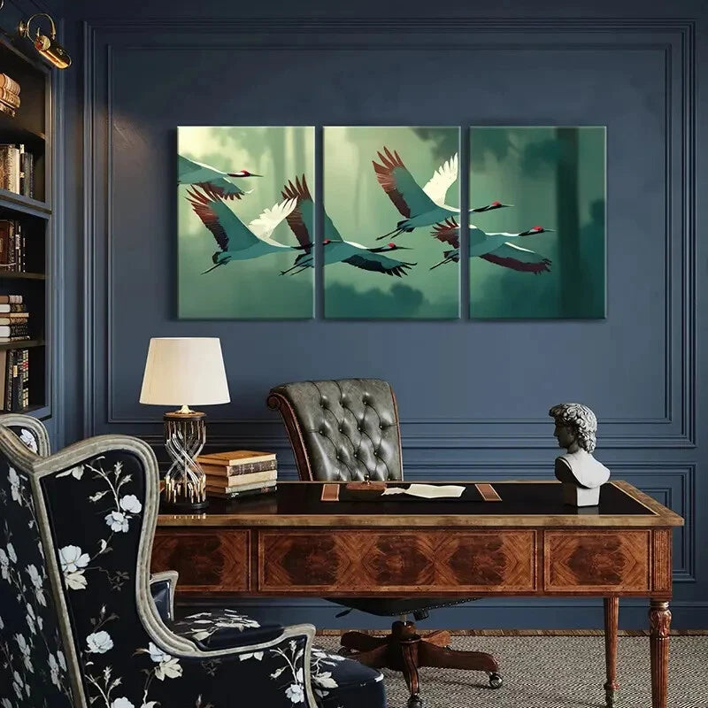 3pcs Artistic Crane Flight Abstract Nature Scene Metal Print Ready to Hang Art