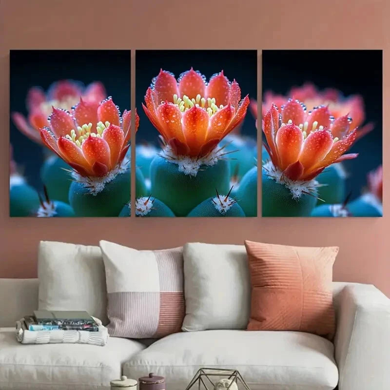 3pcs Macro Detail Red Cactus Thorn Succulent Metal Print Ready to Hang Art