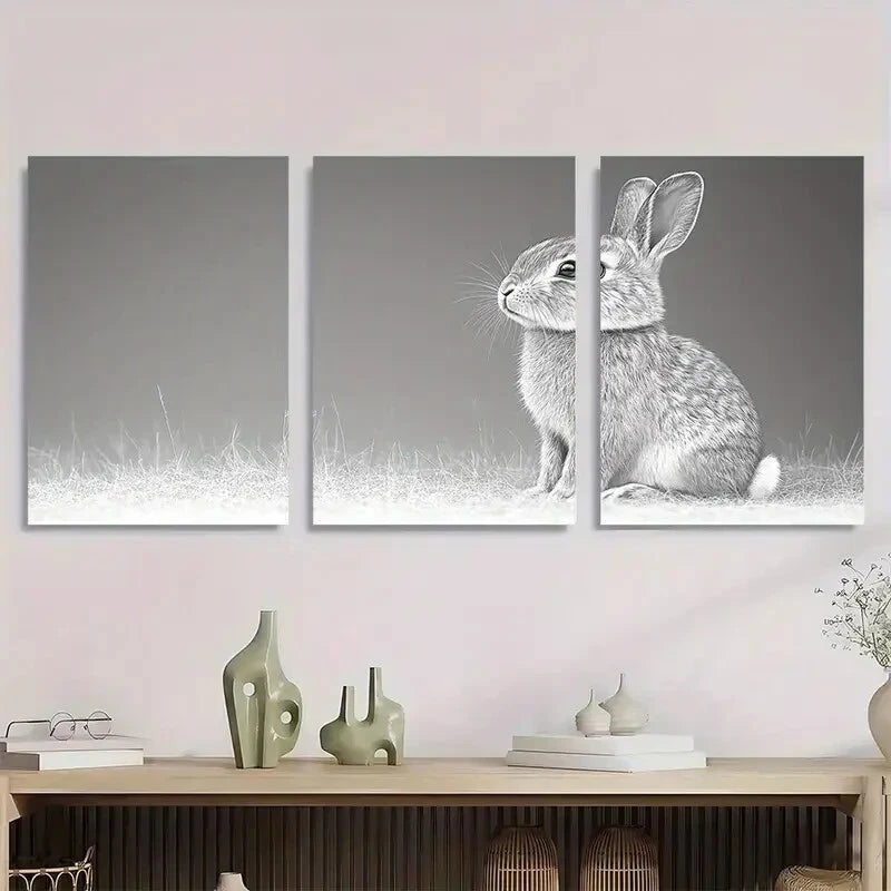 3pcs Vintage Rabbit Semi Gloss White Metal Print Ready to Hang Art