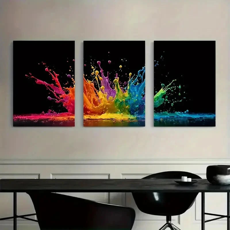 3pcs Vibrant Colorful Paint Splashes Black Metal Print Ready to Hang Art