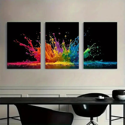 3pcs Vibrant Colorful Paint Splashes Black Metal Print Ready to Hang Art