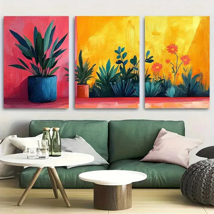 3pcs Vibrant Danish Pastel Plant & Flower Design Metal Print Ready to Hang Art
