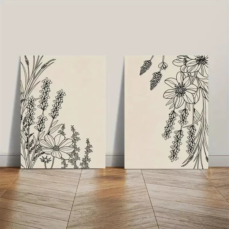2pcs lack Abstract Line Plant & Flower, Minimalist Art Canvas Framed 50x75cm - High Quality Print 100% Australian Made Wall Canvas Ready to Hang