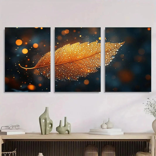 3pcs Vibrant Golden Leaf Modern Boho Metal Print Ready to Hang Art