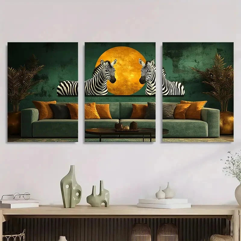 3pcs Green and White Zebras Abstract Metal Print Ready to Hang Art