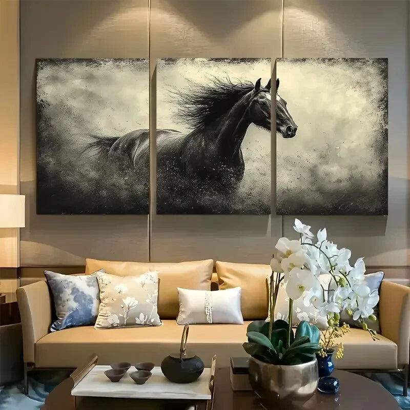 3pcs Black Horse Running Metal Print Ready to Hang Art