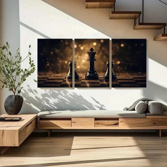 3pcs Black Gold Chessboard Modern Wall Art Set Canvas Framed 40x60cm - High Quality Print 100% Australian Made Wall Canvas Ready to Hang