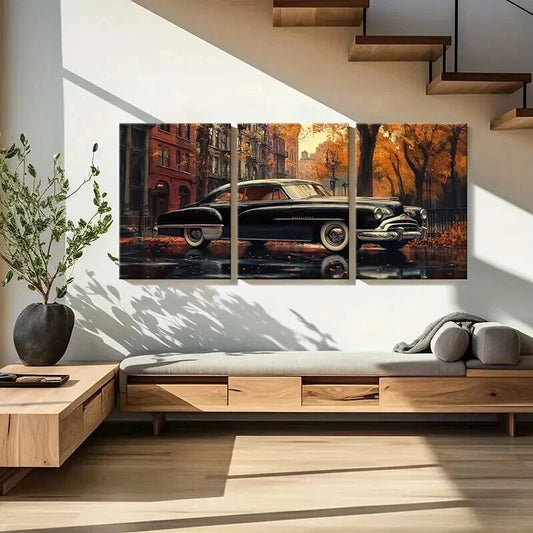 3pcs Vintage Car Autumn Leaves Decor Wall Art Set Canvas Framed 40x60cm - High Quality Print 100% Australian Made Wall Canvas Ready to Hang