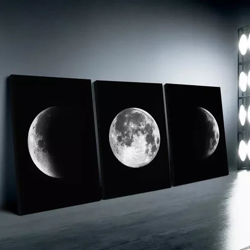 3pcs Full and Half Moon Black & White Canvas Framed 60x90cm - High Quality Print 100% Australian Made Wall Canvas Ready to Hang