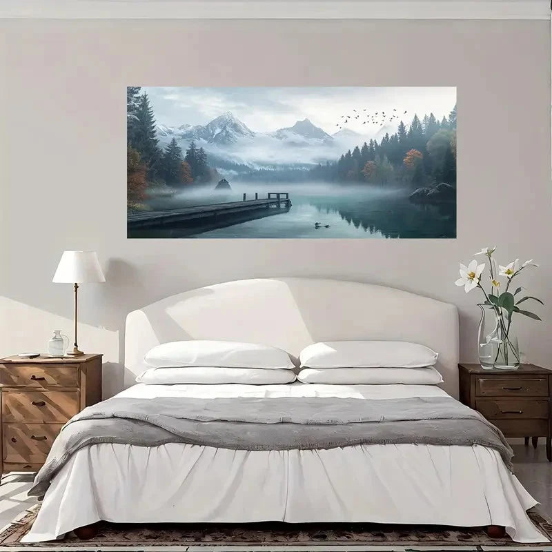 Mountain Lake Dock Birds Wall Art Canvas Office Home Room Framed 120x60cm