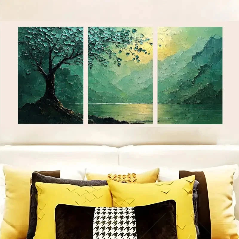 3pcs Abstract Green Tree By The Mountain Lake Wall Art Set Canvas Framed 40x60cm - High Quality Print 100% Australian Made Wall Canvas Ready to Hang