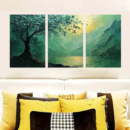 3pcs Abstract Green Tree By The Mountain Lake Wall Art Set Canvas Framed 40x60cm - High Quality Print 100% Australian Made Wall Canvas Ready to Hang