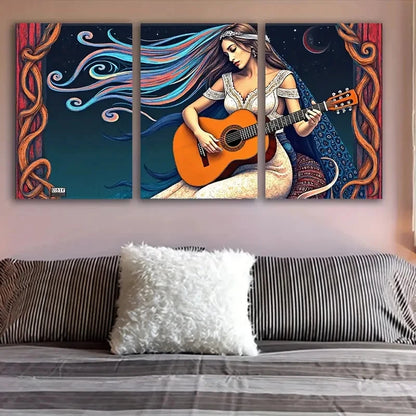 3pcs Woman Playing Guitar Cosmic Design Wall Art Set Canvas Framed 40x60cm - High Quality Print 100% Australian Made Wall Canvas Ready to Hang