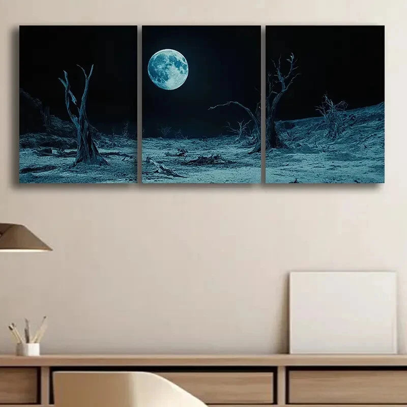 3pcs Moonlit Landscape Luxurious Metal Print Ready to Hang Art