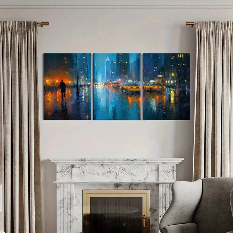 3pcs Cityscape Night Rain Reflections Urban Lands Metal Print Ready to Hang Art