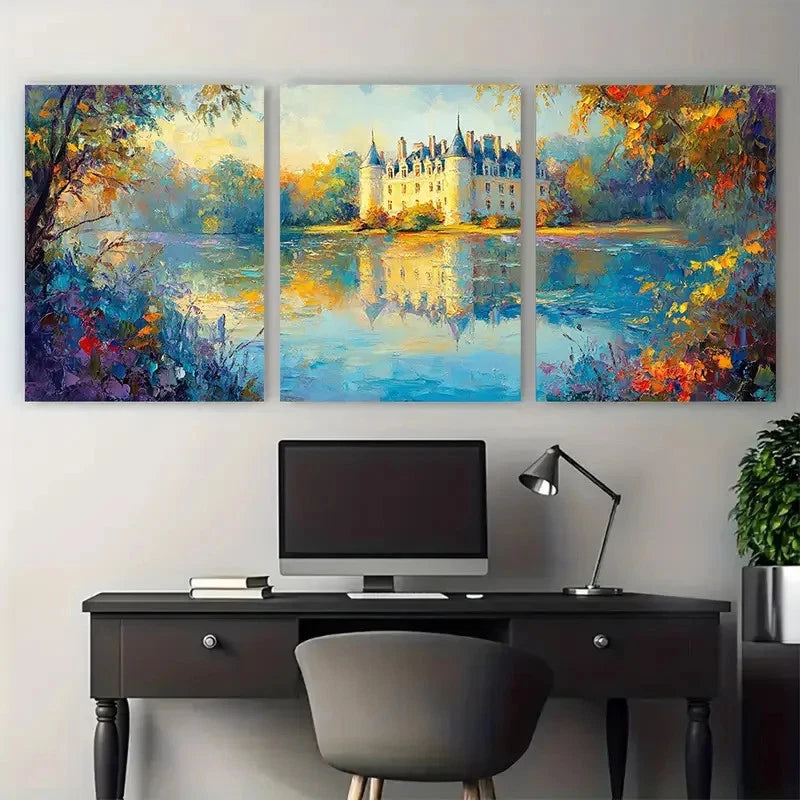3pcs Chateau Of Light Impressionist Landscape Wall Art Set Canvas Framed 50x70cm - High Quality Print 100% Australian Made Wall Canvas Ready to Hang