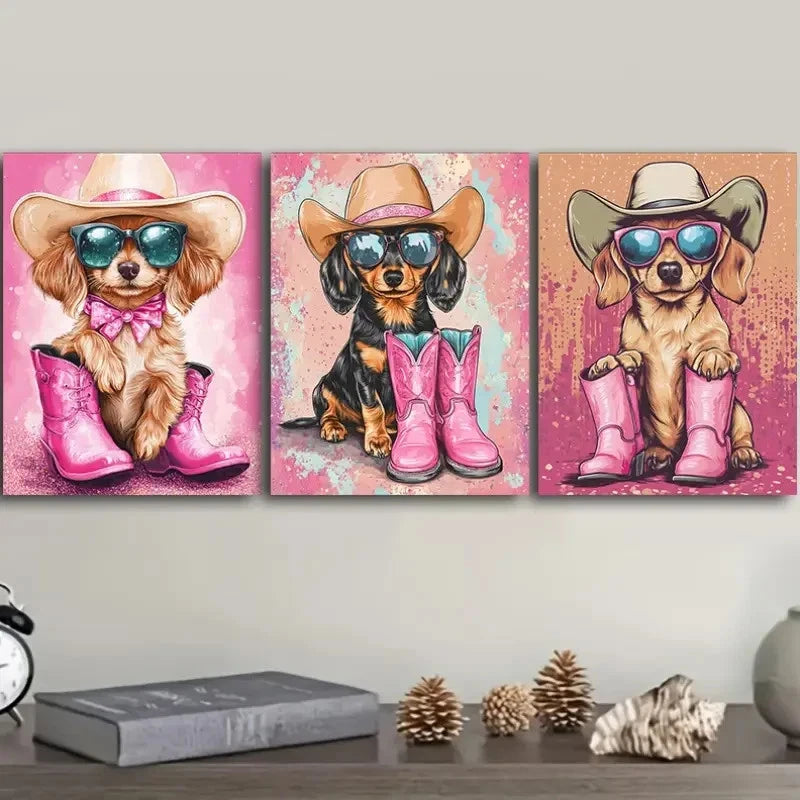 3pcs Cute Dachshund Puppy Painting Metal Print Ready to Hang Art